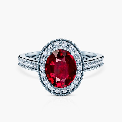 Pierścionek Savicki: białe złoto, rubin, diamenty